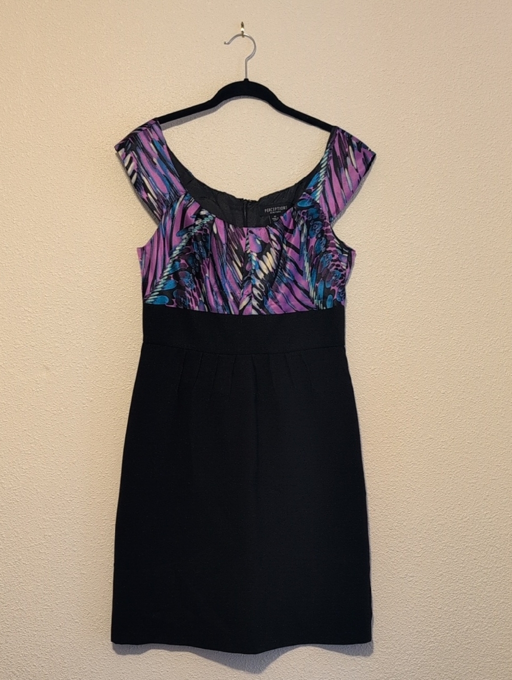 Perceptions Black Midi Dress with Purple Multi-Print Bodice